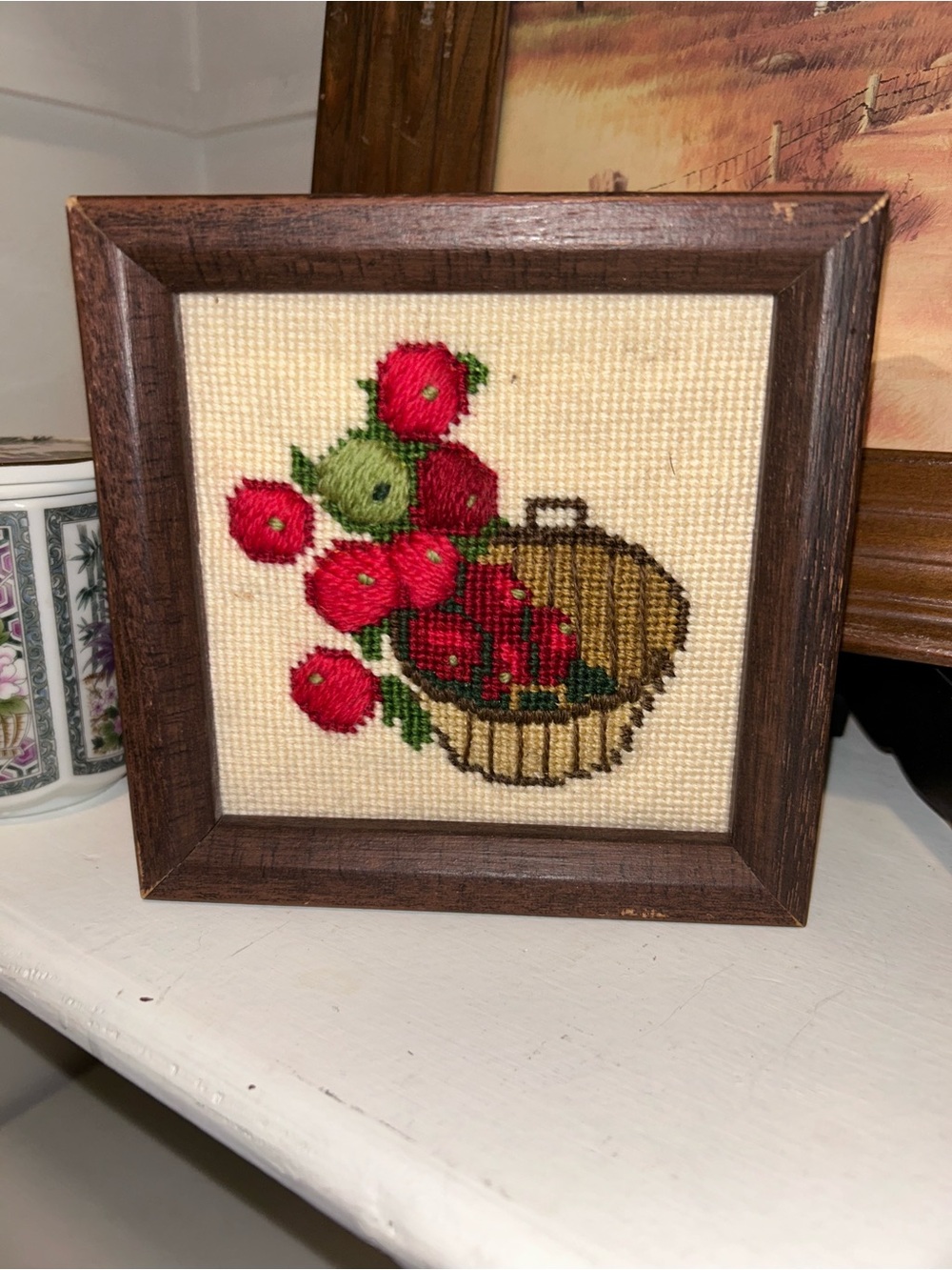 Handmade apple cross stitch with wooden frame
